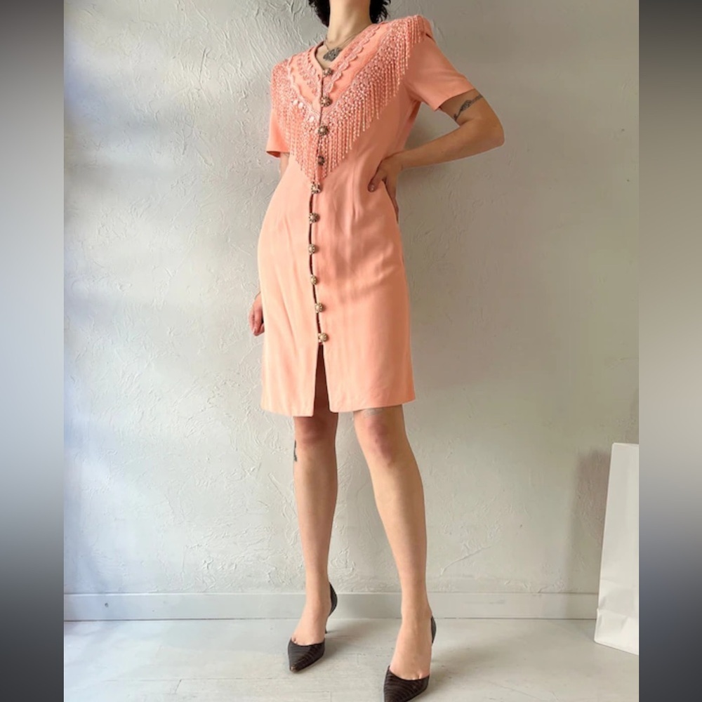 Vintage Petite Sophisticate size 6 peach button down fringe dress